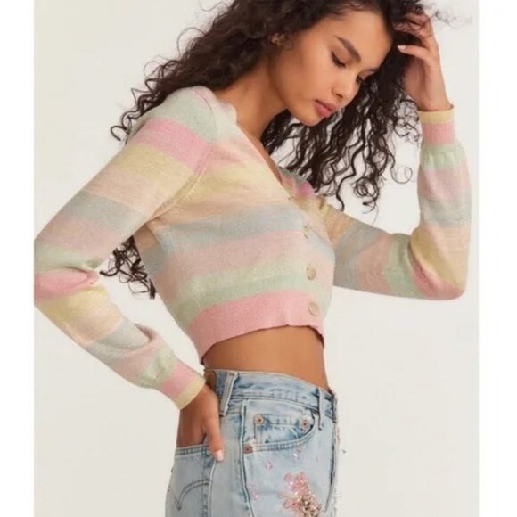 Loveshackfancy Metallic Stripe Asteria Crop Cardigan NWT - Picture 3 of 12